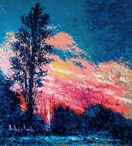 THE SUN HIDES BEHIND THE POPLAR di Andrés Rueda, Pittura in vendita su Singulart