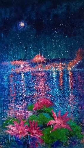 LOTOS CHINOS MIRANDO A LA LUNA DE ESTAMBUL van Andrés Rueda, Schilderij te koop op Singulart