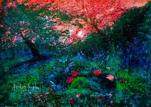 DRAGOFLIES ENJOYING OVER THE LOTUS AND THE SUNSET by Andrés Rueda, Painting for Sale on Singulart