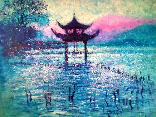 LIGHT ON THE LAKE -CHINA. by Andrés Rueda, Painting for Sale on Singulart