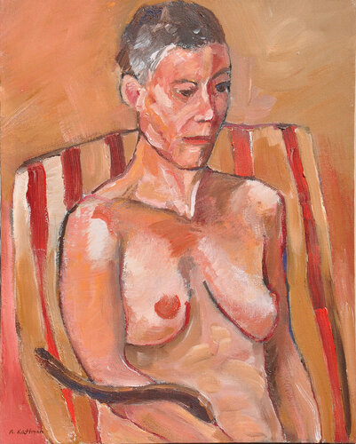 Woman in a Striped Armchair di Richard Kattman, Pittura in vendita su Singulart