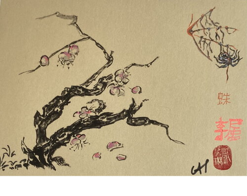 Prunus et araignée, le réveil du printemps de Catherine Hoang, Pintura a la venta en Singulart