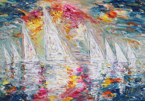 sail boats Summer Sailing Impressions M 1 van Peter Nottrott, Schilderij te koop op Singulart