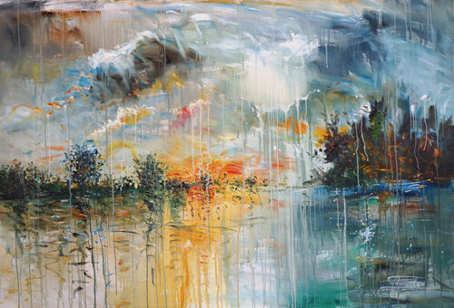 Romantic Evening Lake XL 1 / Oil van Peter Nottrott, Schilderij te koop op Singulart