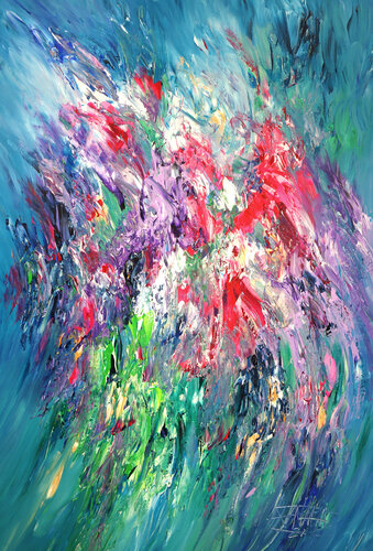 Pink Turquoise Flowery XL 1 de Peter Nottrott, Pintura a la venta en Singulart