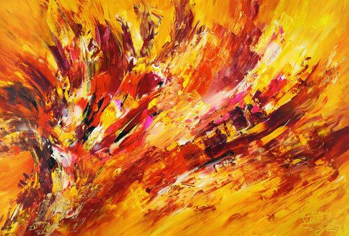 Yellow Red Abstraction XL 3 van Peter Nottrott, Schilderij te koop op Singulart