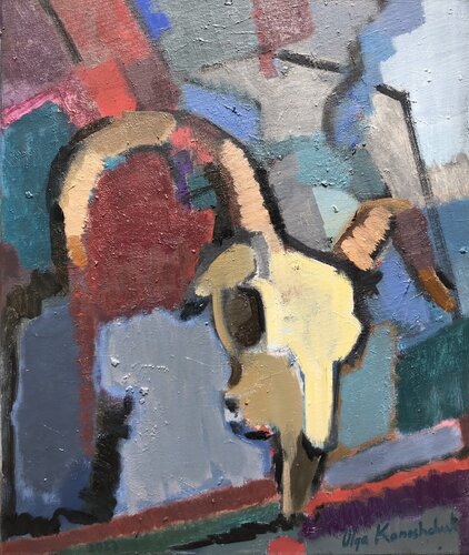 ''A single pictorial motif of an everlasting presence. The still life with a goat's skull'' van Olga Konoshchuk, Schilderij te koop op Singulart