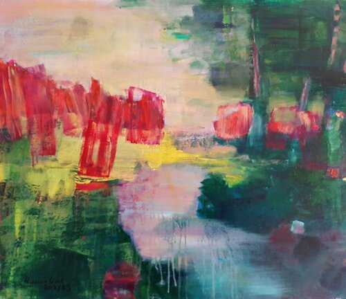 kleine Landschaft, rot von Hanne Karch, Malerei kaufen auf Singulart