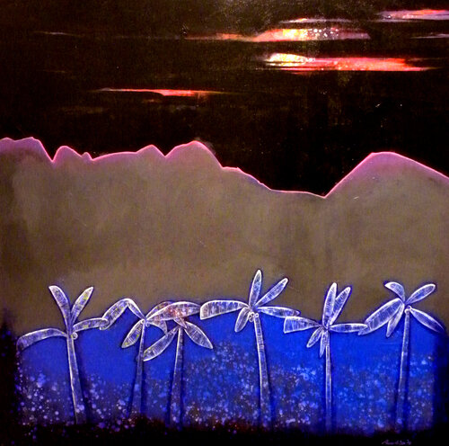 Whispers of Blue Beneath a Crimson Sky de Pradip Sengupta, Pintura a la venta en Singulart