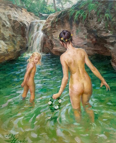 Nymph playing with Elf de Serguei Zlenko, Pintura a la venta en Singulart