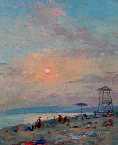 Sunset over lifeguard tower. di Serguei Zlenko, Pittura in vendita su Singulart