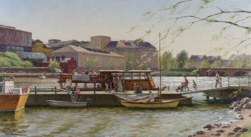 Pier on Hakaniemi embarnkment. Helsinki. de Serguei Zlenko, Pintura a la venta en Singulart