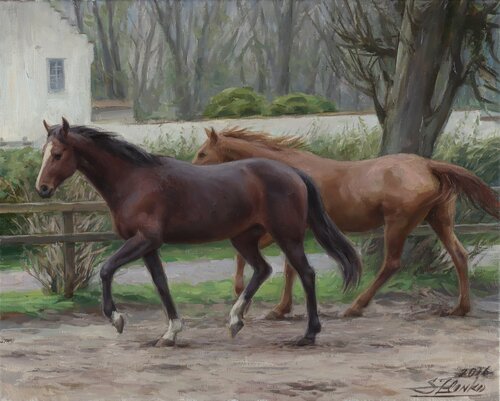 Two horses in autumn ladscape. di Serguei Zlenko, Pittura in vendita su Singulart