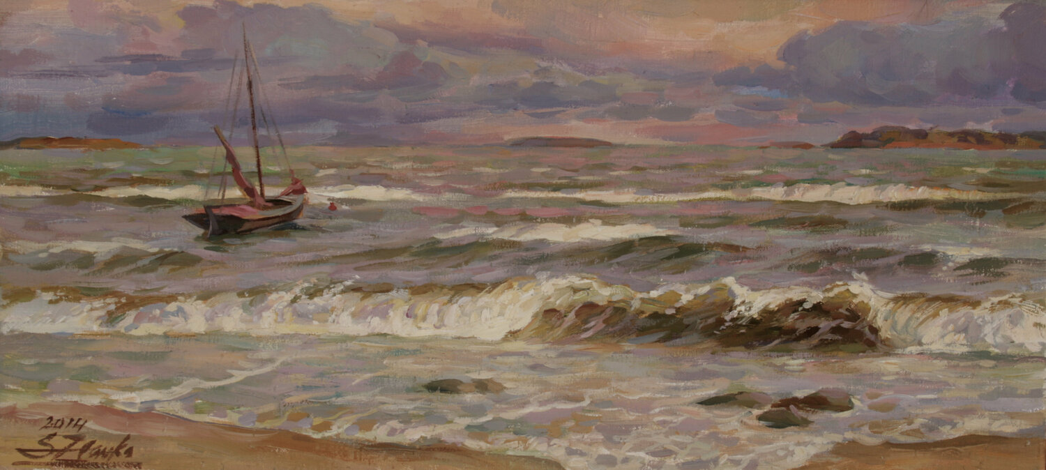 Fishing boat at stormy sea. Serguei Zlenko Originalgemälde zu verkaufen