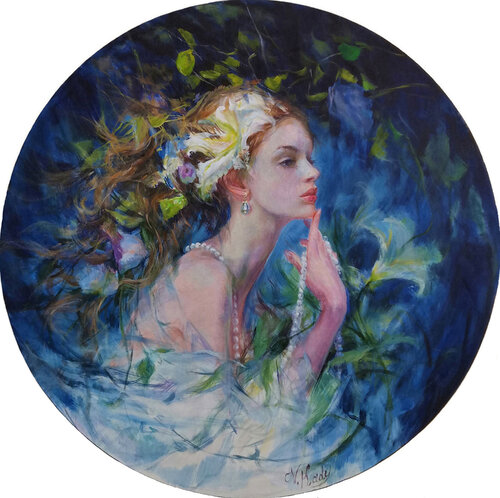 Girl  with a pearl necklace van Vlada Kadymova, Schilderij te koop op Singulart