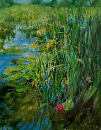 Golden Irises van Vlada Kadymova, Schilderij te koop op Singulart