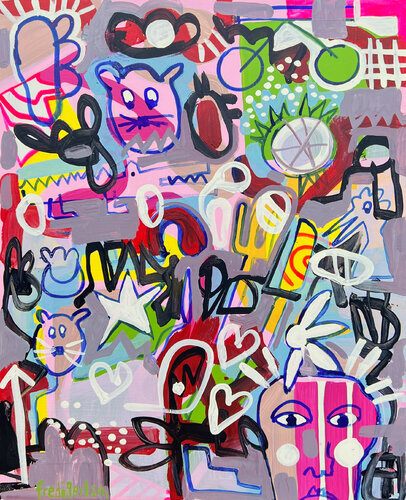 Es herrscht ziemlich viel Verkehr auf den Dächern eures Anwesens (Tiger & Dragon) van Fredi Gertsch, Schilderij te koop op Singulart