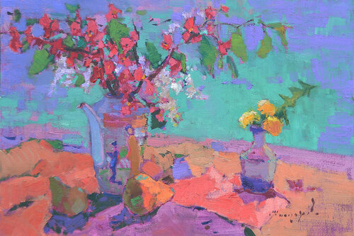 Japanese style _ oil on canvas on cardboard par Alexander Shandor, Peinture en vente sur Singulart