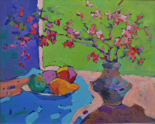 Blooming Japanese quince _ oil on cardboard par Alexander Shandor, Peinture en vente sur Singulart