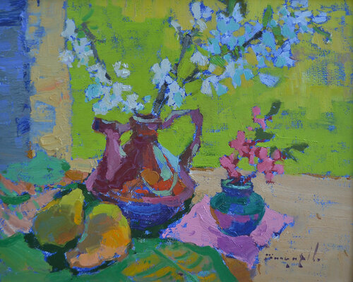 Cherry blossoms _ oil on cardboard par Alexander Shandor, Peinture en vente sur Singulart