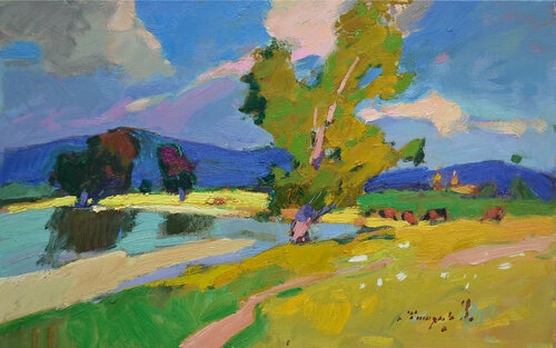 On a hot day on the river _ oil on canvas on cardboard par Alexander Shandor, Peinture en vente sur Singulart
