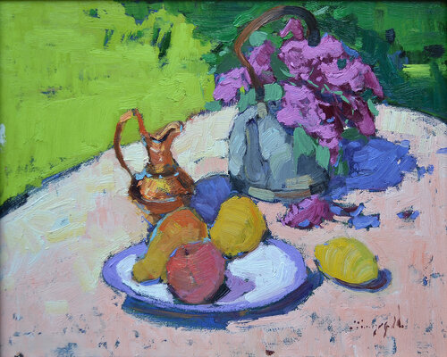 Still life with a teapot _ oil on cardboard par Alexander Shandor, Peinture en vente sur Singulart