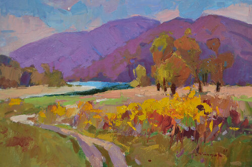 Jerusalem artichokes by the river, Oil on Canvas on Cardboard par Alexander Shandor, Peinture en vente sur Singulart