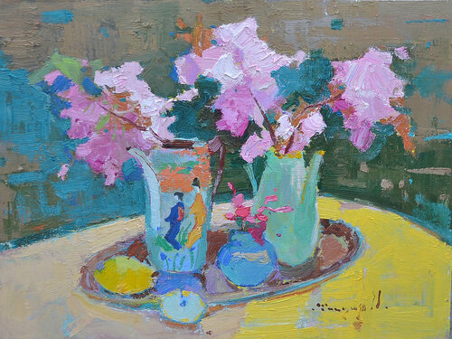 Sakura and teapot _ oil on cardboard par Alexander Shandor, Peinture en vente sur Singulart