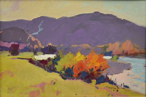 Mountains in backlight _ Oil on Cardboard by Alexander Shandor, Painting for Sale on Singulart