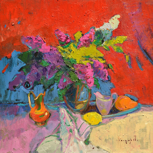 Lilac on the red di Alexander Shandor, Pittura in vendita su Singulart