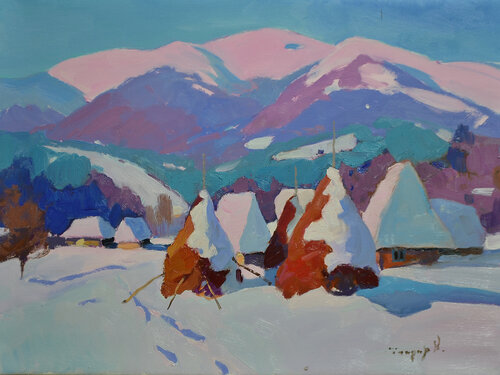 Snow Covered Haystacks van Alexander Shandor, Schilderij te koop op Singulart