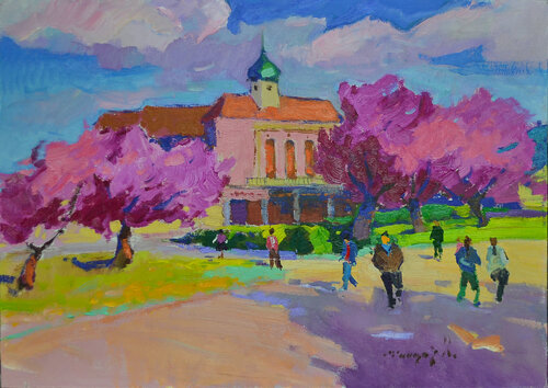 City in Cherry Blossoms de Alexander Shandor, Pintura a la venta en Singulart