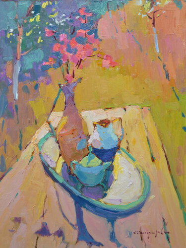 Japanese quince in the sun _ oil on cardboard par Alexander Shandor, Peinture en vente sur Singulart