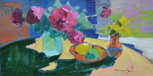 Burgundy peonies par Alexander Shandor, Peinture en vente sur Singulart