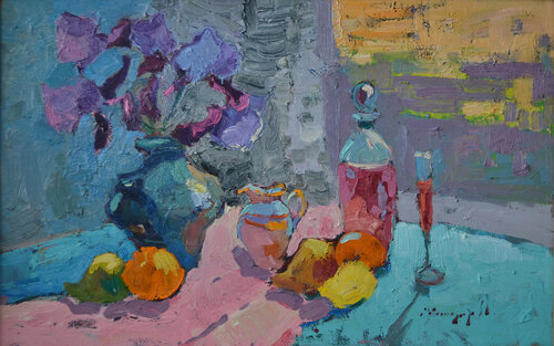 Irises and fruits _ oil on cardboard Alexander Shandor