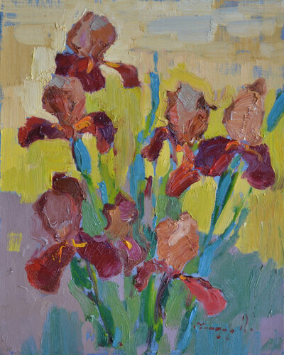 Irises in the garden par Alexander Shandor, Peinture en vente sur Singulart