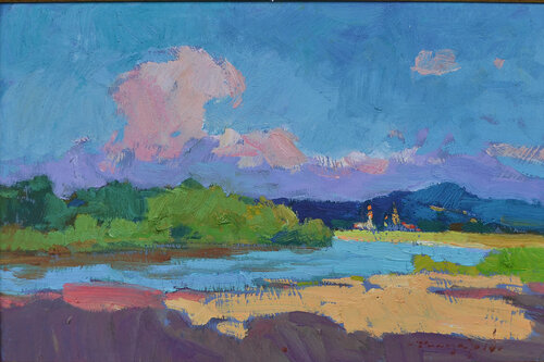 River in summer _ oil on cardboard par Alexander Shandor, Peinture en vente sur Singulart