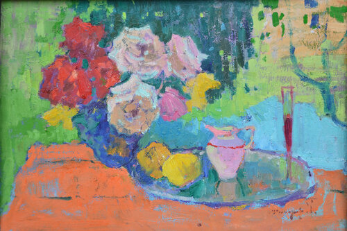 Roses and milkman _ oil on cardboard par Alexander Shandor, Peinture en vente sur Singulart