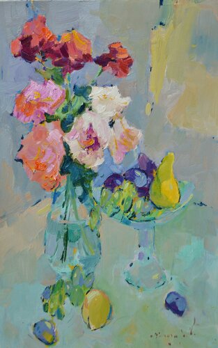 Roses and fruits _ oil on cardboard par Alexander Shandor, Peinture en vente sur Singulart