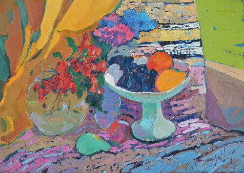 Fruit bowl _ oil on cardboard par Alexander Shandor, Peinture en vente sur Singulart