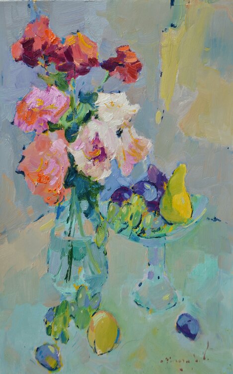 Roses and fruits _ oil on cardboard Alexander Shandor