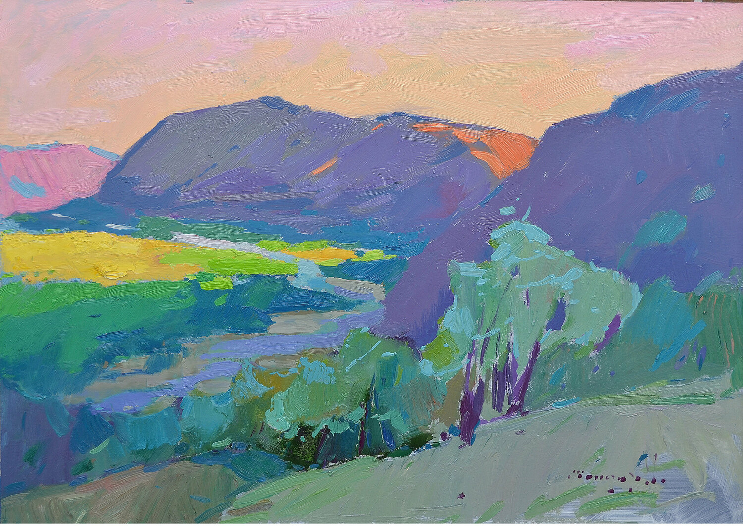 Evening in the valley _ oil on cardboard Alexander Shandor Originalgemälde zu verkaufen