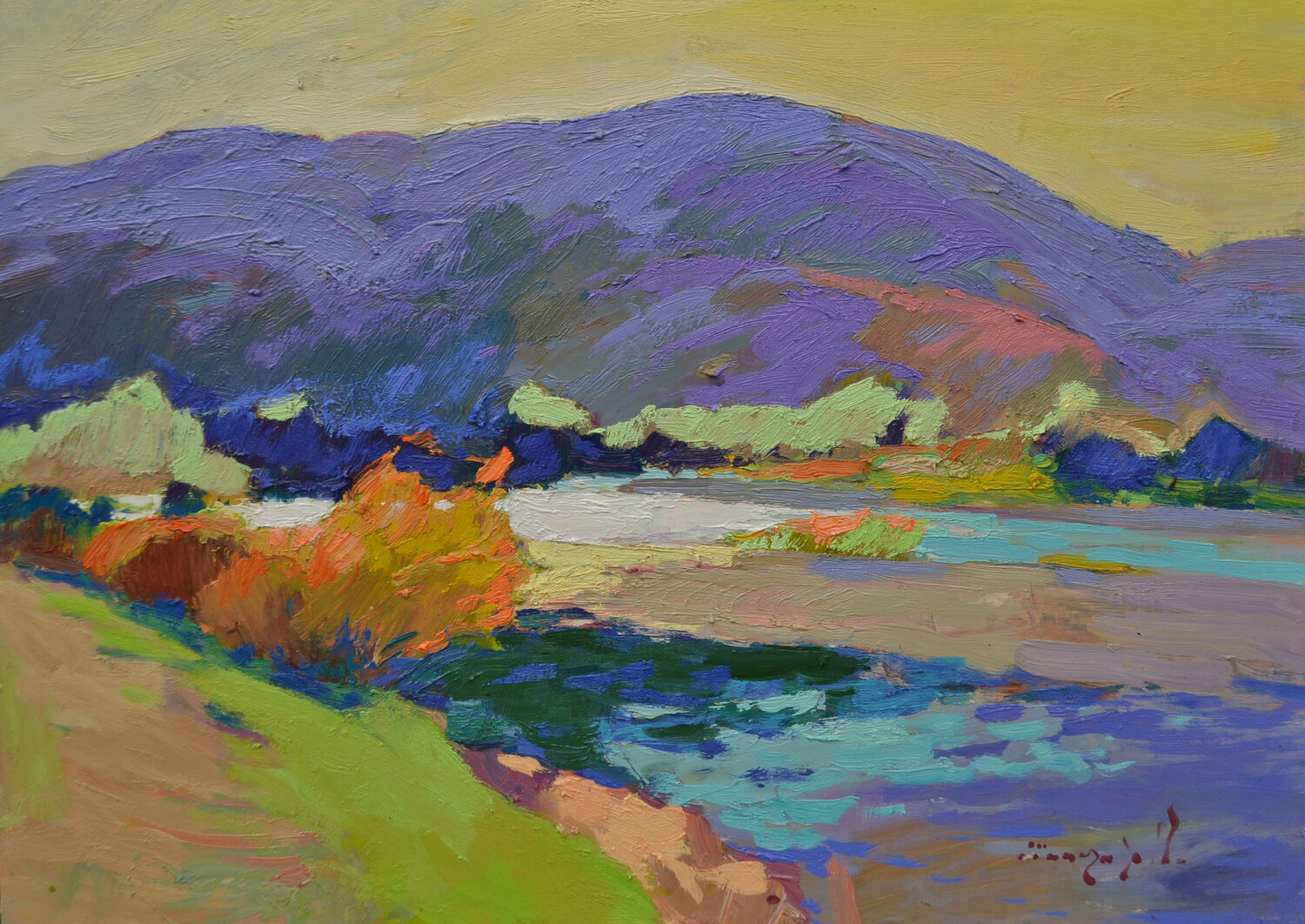 Evening on the Tisza _ oil on cardboard Alexander Shandor Dipinto originale in vendita