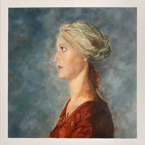A girl in a terracotta dress van Lusie Schellenberg, Schilderij te koop op Singulart