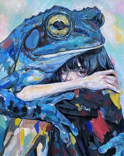Frog Painting with Roger Haus (64x81 cm) I Blue Monday di Anna Dart, Pittura in vendita su Singulart