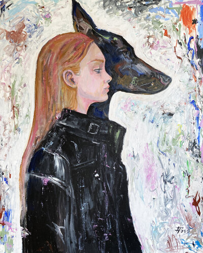 Dog Painting with Roger Haus (81x100 cm) I Twins van Anna Dart, Schilderij te koop op Singulart
