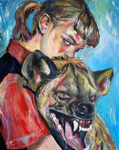 Hyena Painting with Roger Haus (81x100 cm) I Heartbroken van Anna Dart, Schilderij te koop op Singulart
