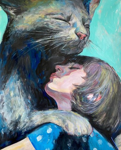 Cat Painting with Roger Haus (81x100 cm) I Animal Instinct #290 van Anna Dart, Schilderij te koop op Singulart