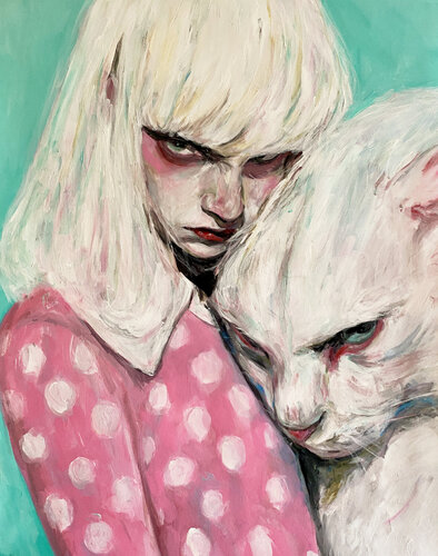 Cat Painting with Roger Haus (81x100 cm) I Animal Instinct #240 van Anna Dart, Schilderij te koop op Singulart