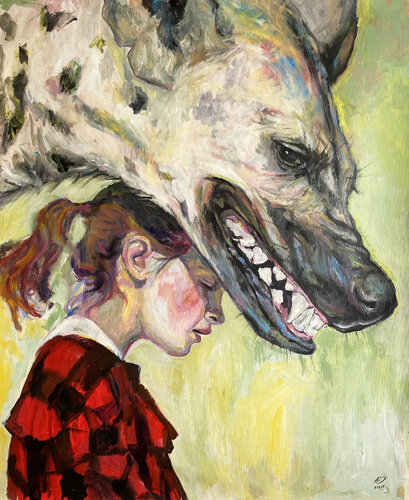 Hyena Painting with Roger Haus (81x100 cm) I Be Prepared van Anna Dart, Schilderij te koop op Singulart